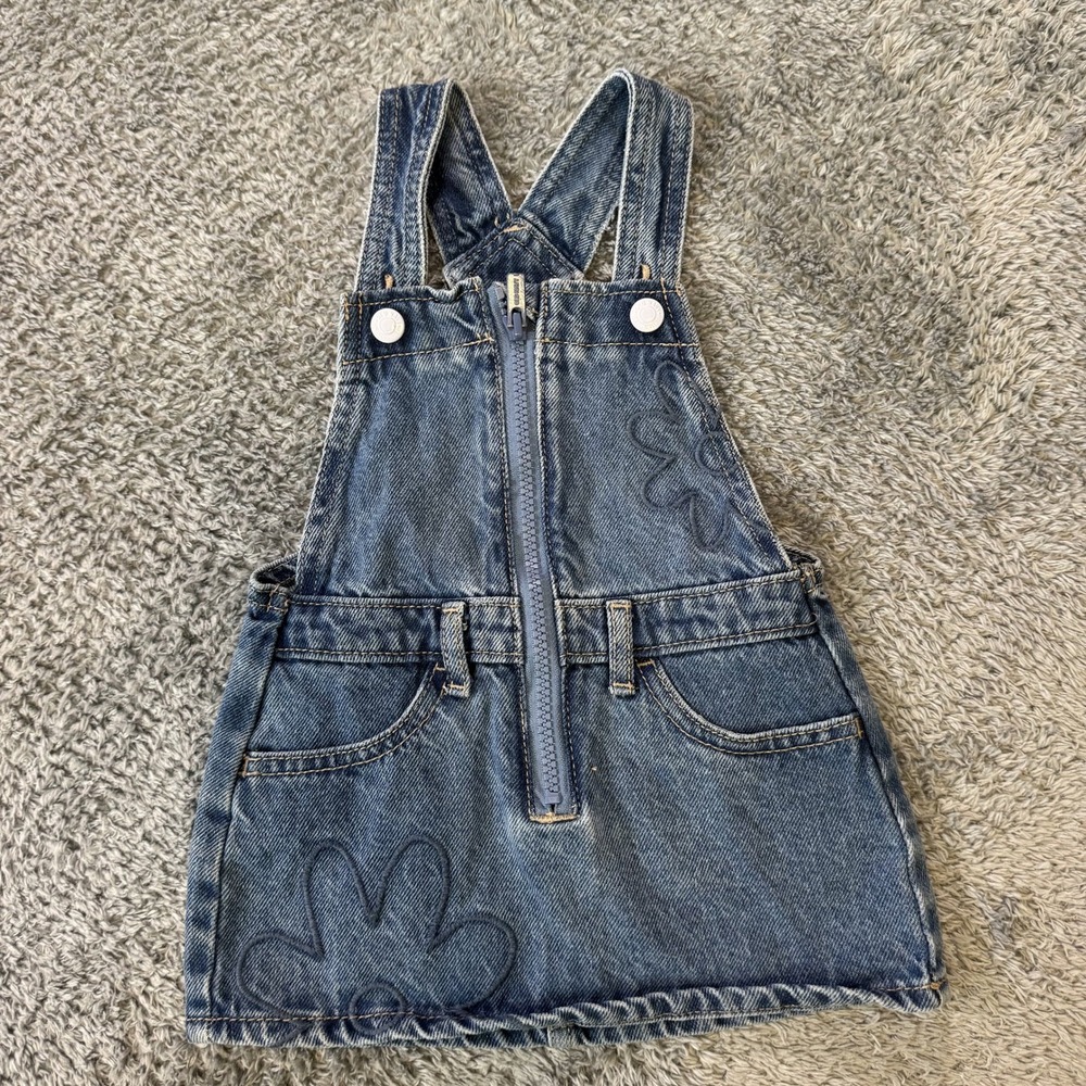 Old Navy Girls Floral Denim Jumper Dress 18-24M Blue Embroidered Flower